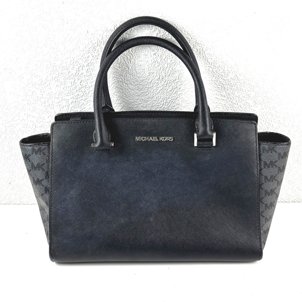 Michael Kors Satchel Womens Medium Black Saffiano Monogram Handbag